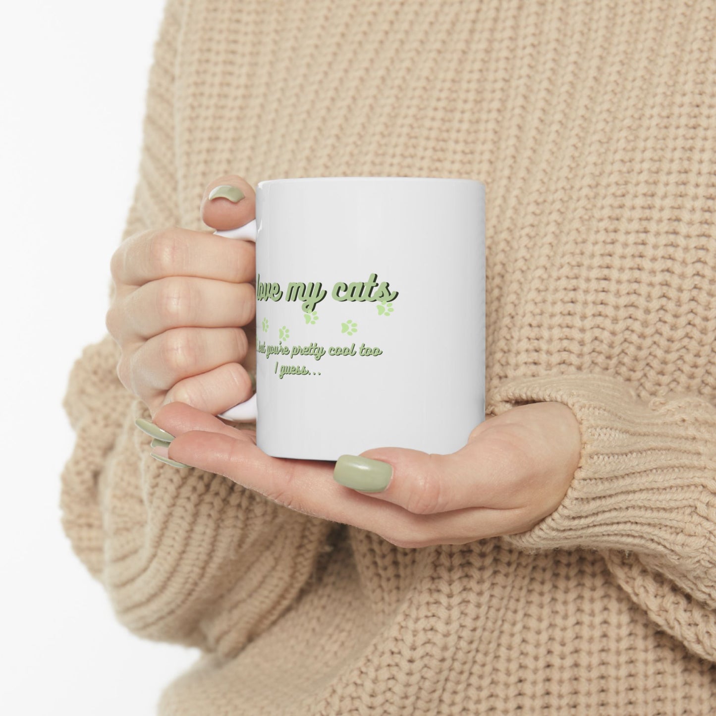 Cute Green Cat Lover Ceramic Mug, Gift for Cat Moms, Animal Lover Mug, Coffee Tea Cup, Pet Owner Present