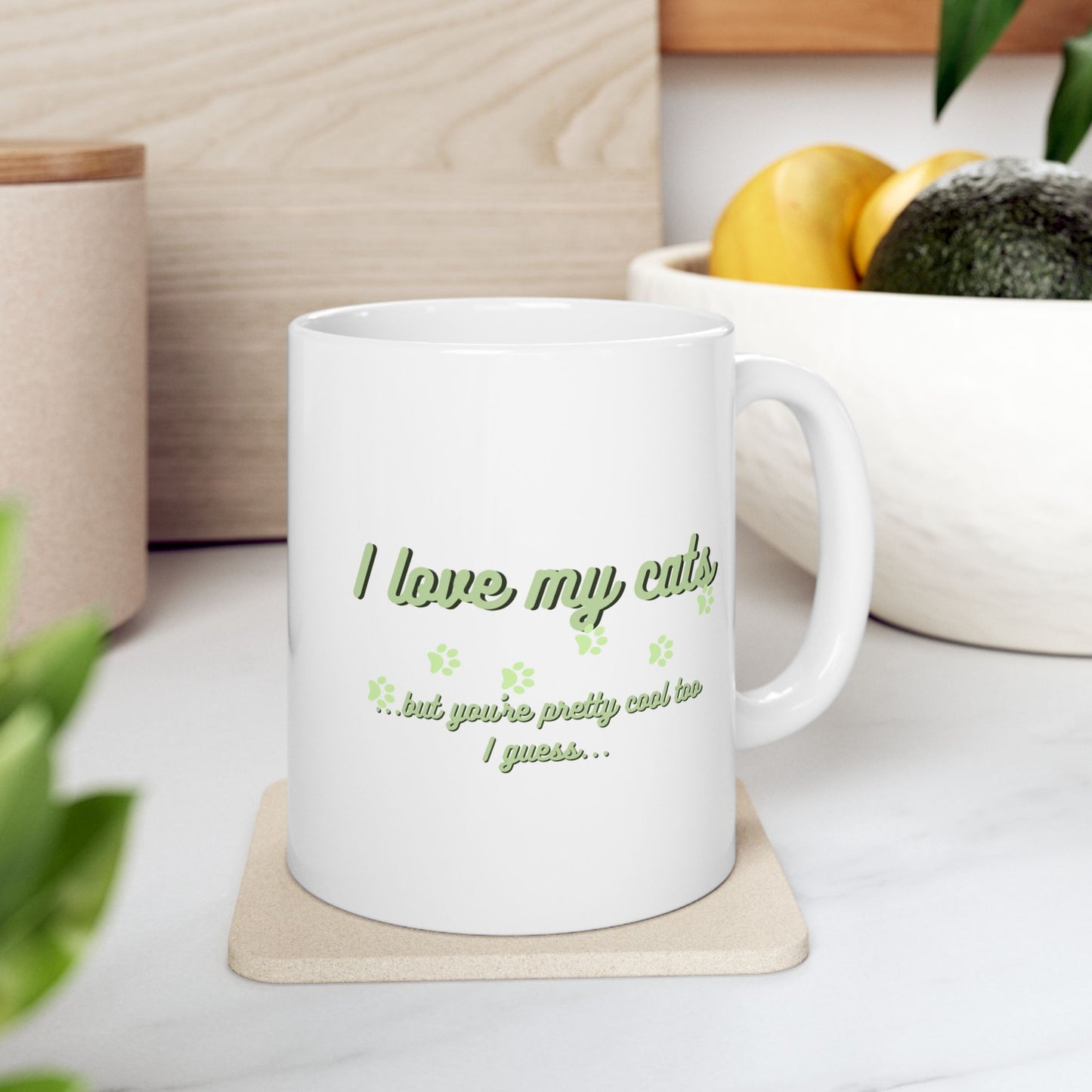 Cute Green Cat Lover Ceramic Mug, Gift for Cat Moms, Animal Lover Mug, Coffee Tea Cup, Pet Owner Present