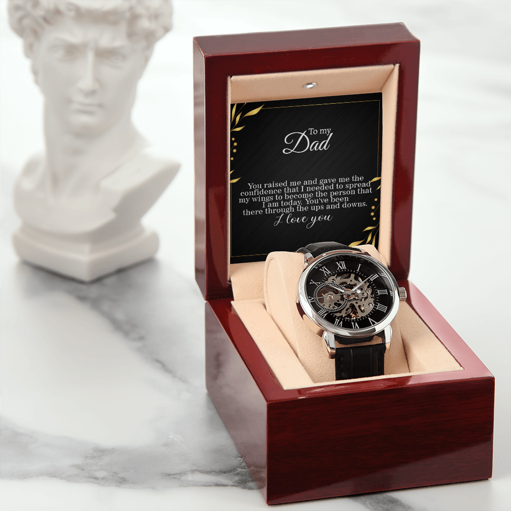 To Dad, Spreading my Wings Card Skeleton Watch gift for graduation day, moving out, or going to college