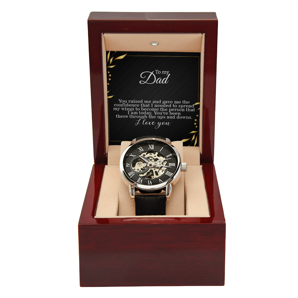To Dad, Spreading my Wings Card Skeleton Watch gift for graduation day, moving out, or going to college