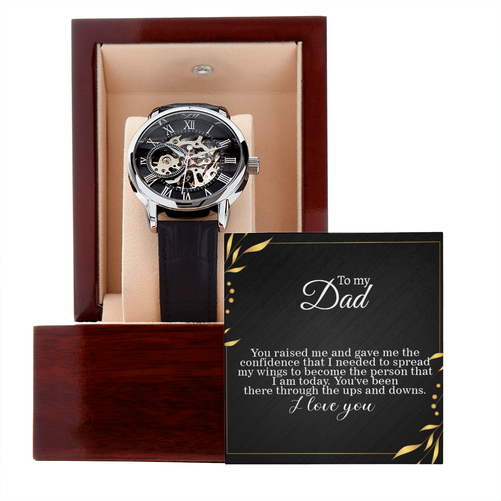 To Dad, Spreading my Wings Card Skeleton Watch gift for graduation day, moving out, or going to college