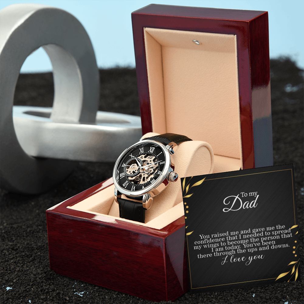 To Dad, Spreading my Wings Card Skeleton Watch gift for graduation day, moving out, or going to college