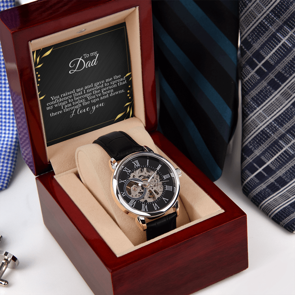 To Dad, Spreading my Wings Card Skeleton Watch gift for graduation day, moving out, or going to college