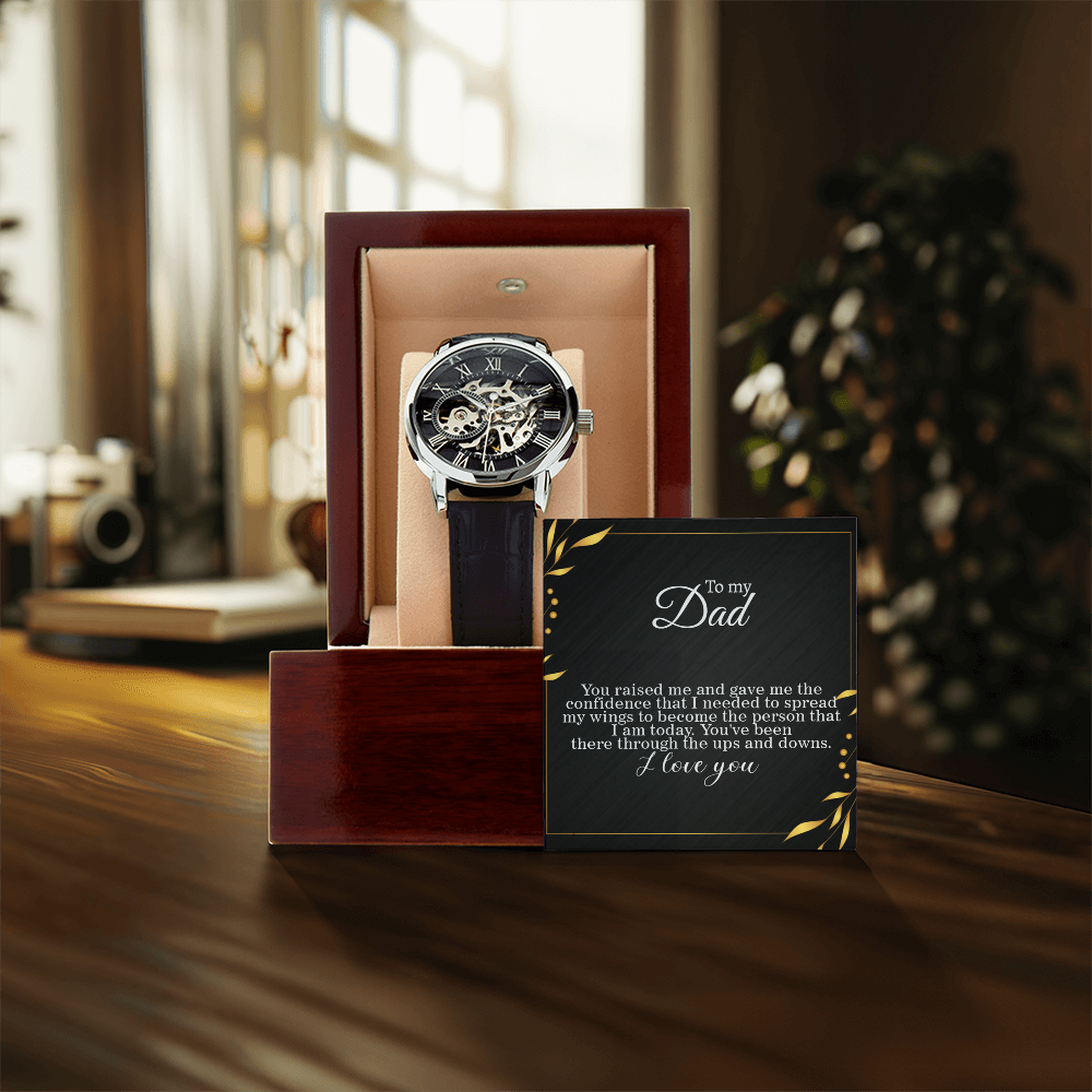 To Dad, Spreading my Wings Card Skeleton Watch gift for graduation day, moving out, or going to college