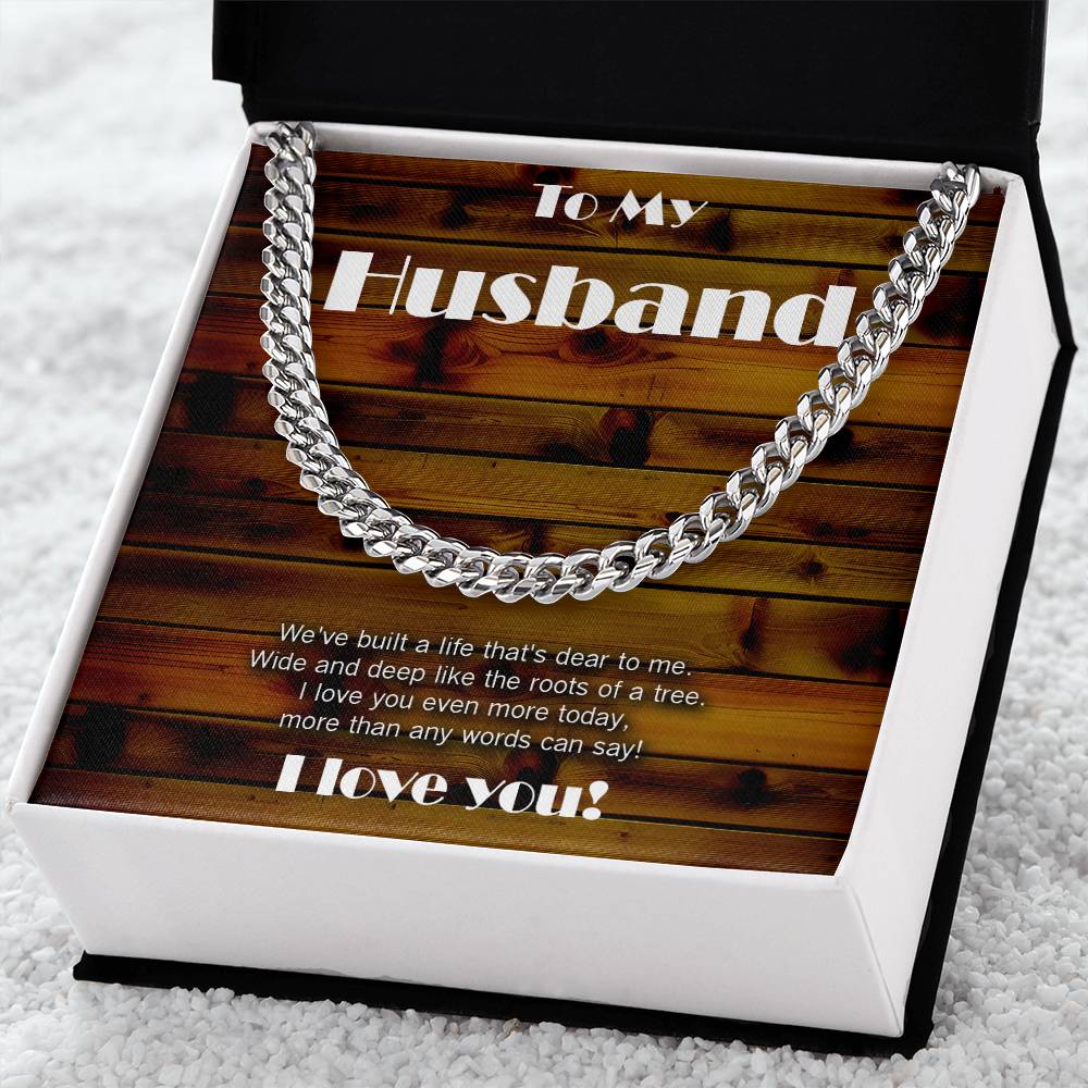 Wood theme Cuban link chain. Love wide and deep like the roots of a tree!