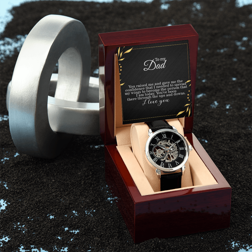 To Dad, Spreading my Wings Card Skeleton Watch gift for graduation day, moving out, or going to college