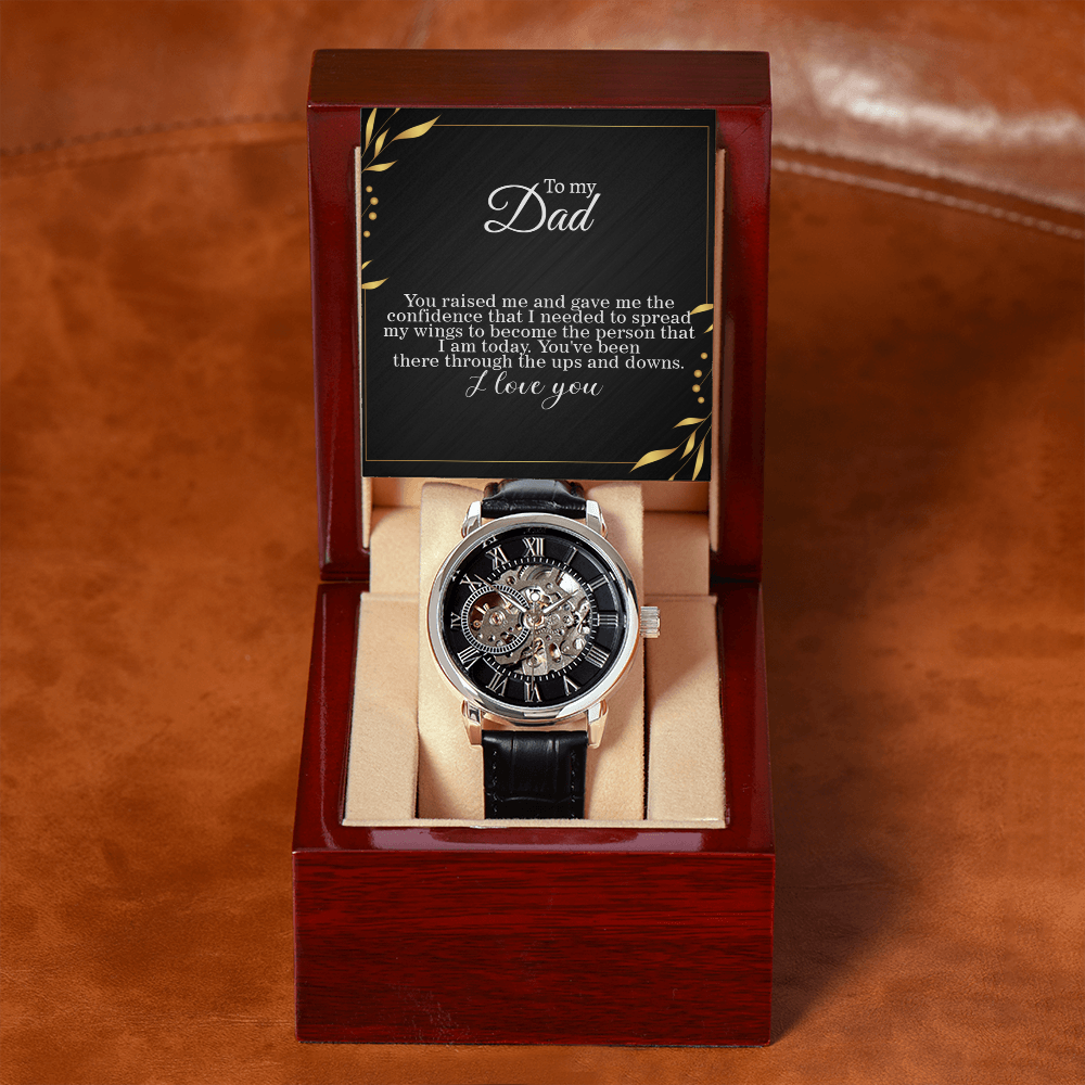To Dad, Spreading my Wings Card Skeleton Watch gift for graduation day, moving out, or going to college