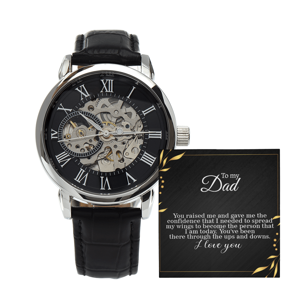 To Dad, Spreading my Wings Card Skeleton Watch gift for graduation day, moving out, or going to college