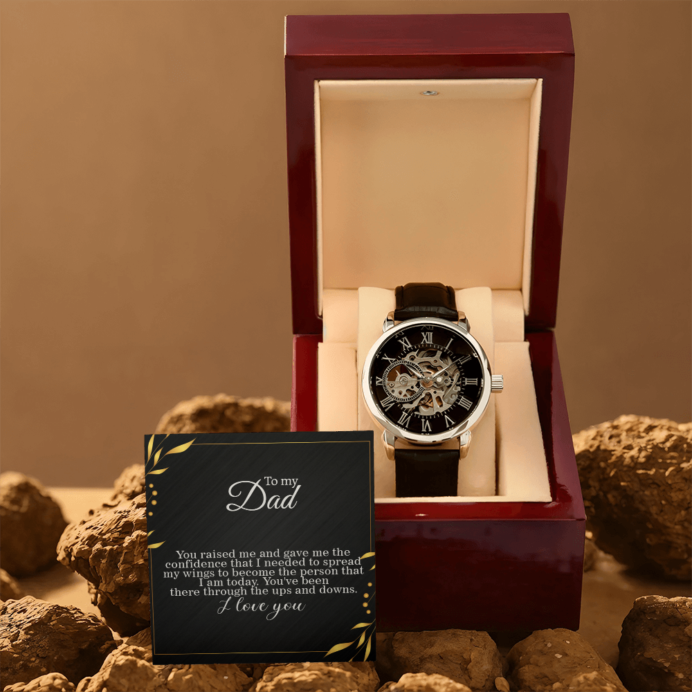 To Dad, Spreading my Wings Card Skeleton Watch gift for graduation day, moving out, or going to college