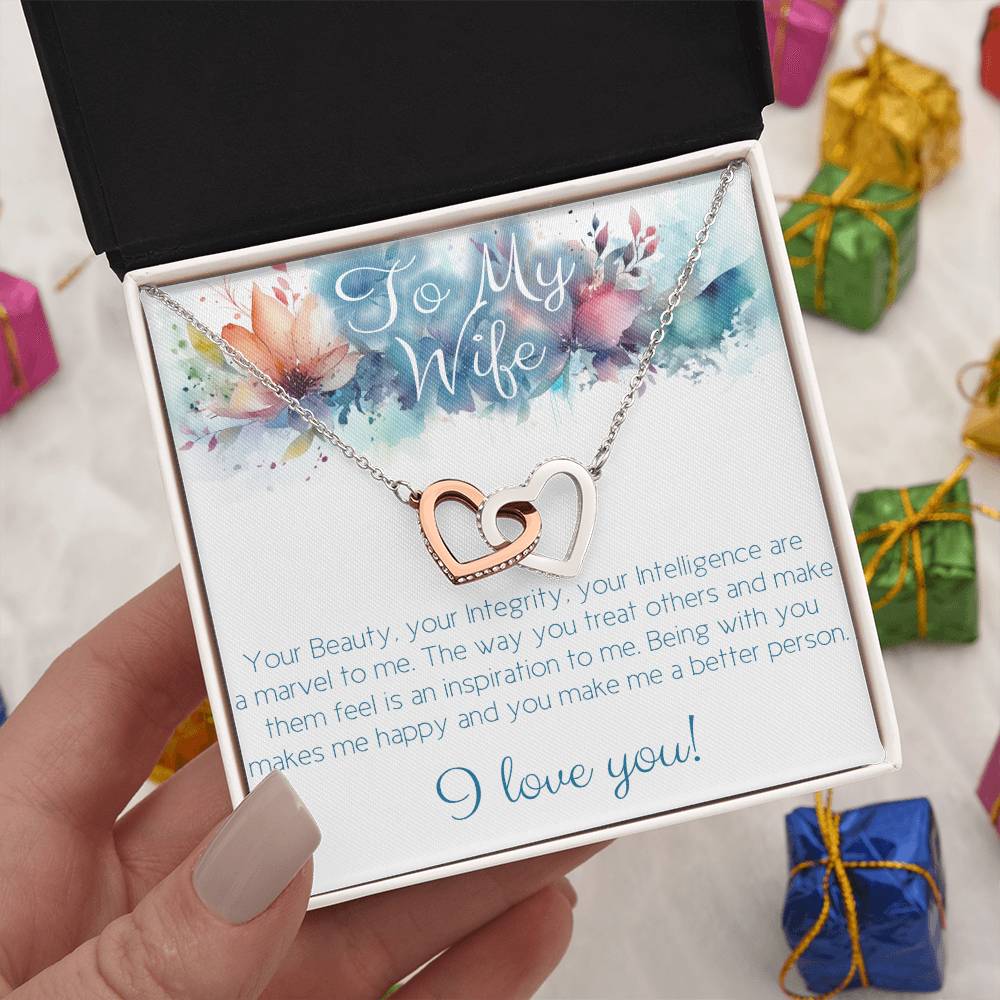 Perfect Necklace gift for wife: Your Beauty, Integrity and Intelligence (Interlocking Hearts variation)