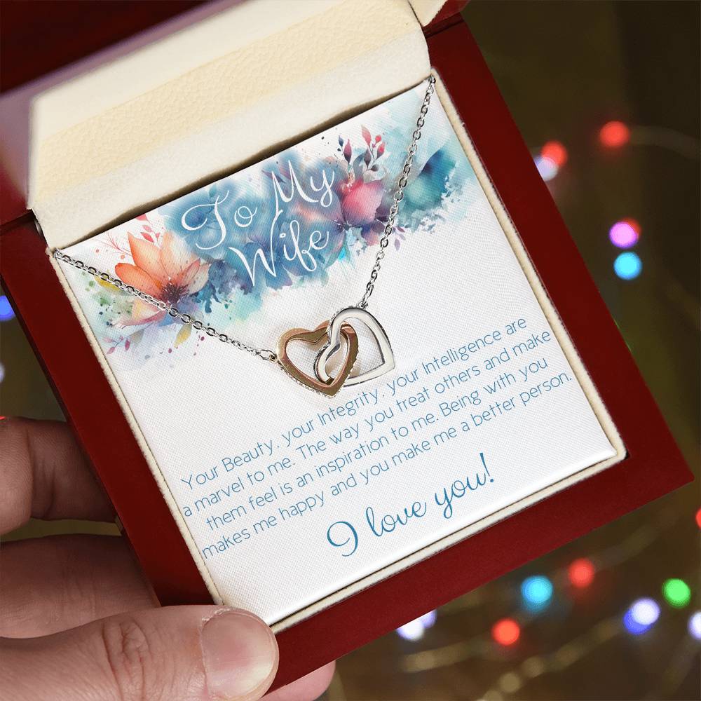 Perfect Necklace gift for wife: Your Beauty, Integrity and Intelligence (Interlocking Hearts variation)